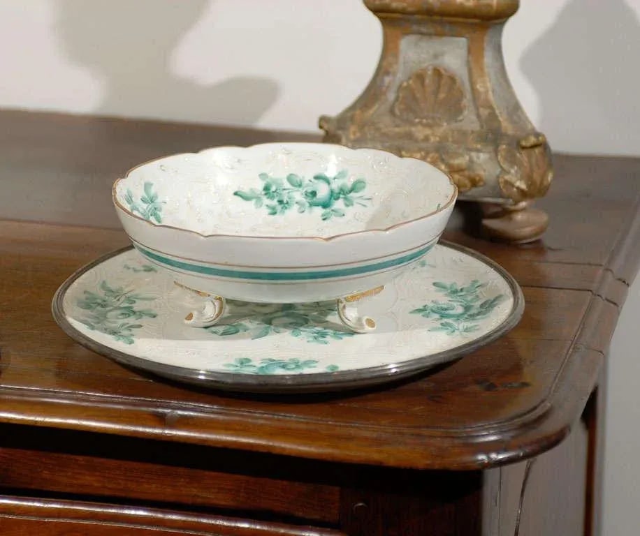 Antique Limoges Green & White Footed Bowl & Underplate Set- 2 Pieces - 2