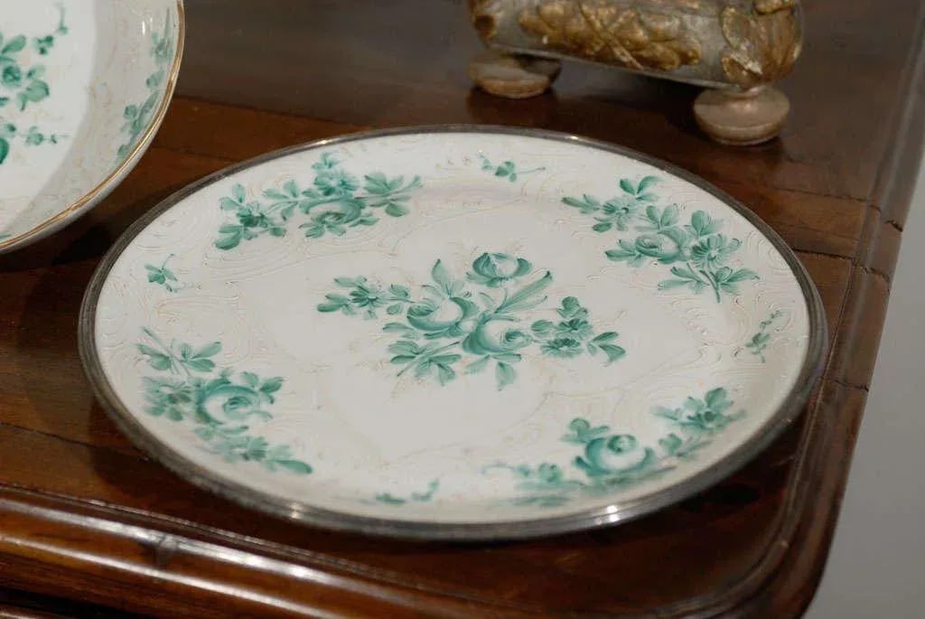 Antique Limoges Green & White Footed Bowl & Underplate Set- 2 Pieces - 7