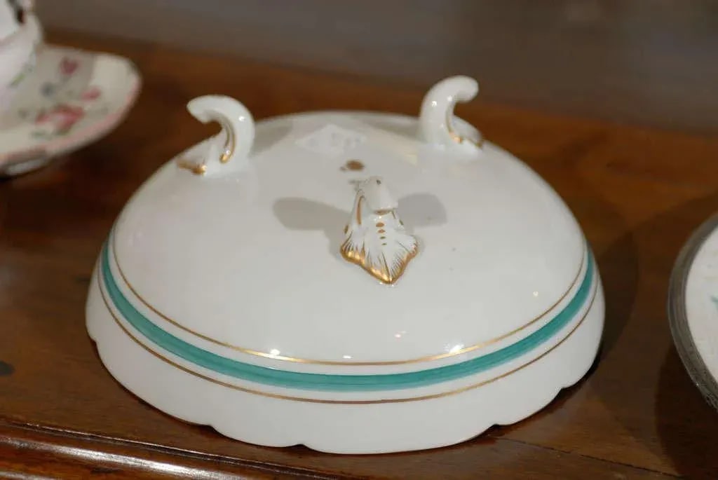 Antique Limoges Green & White Footed Bowl & Underplate Set- 2 Pieces - 8