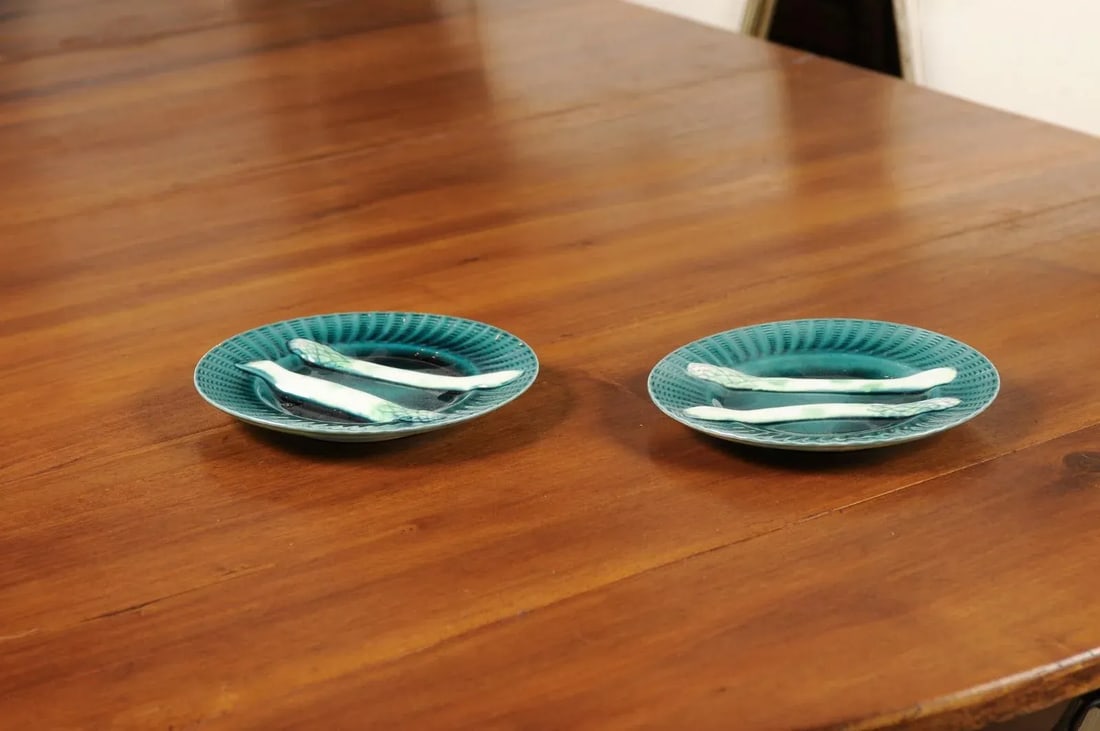 French 20th Century Asparagus Plates with Aqua Color and Rippled Accents - a Pair - 12