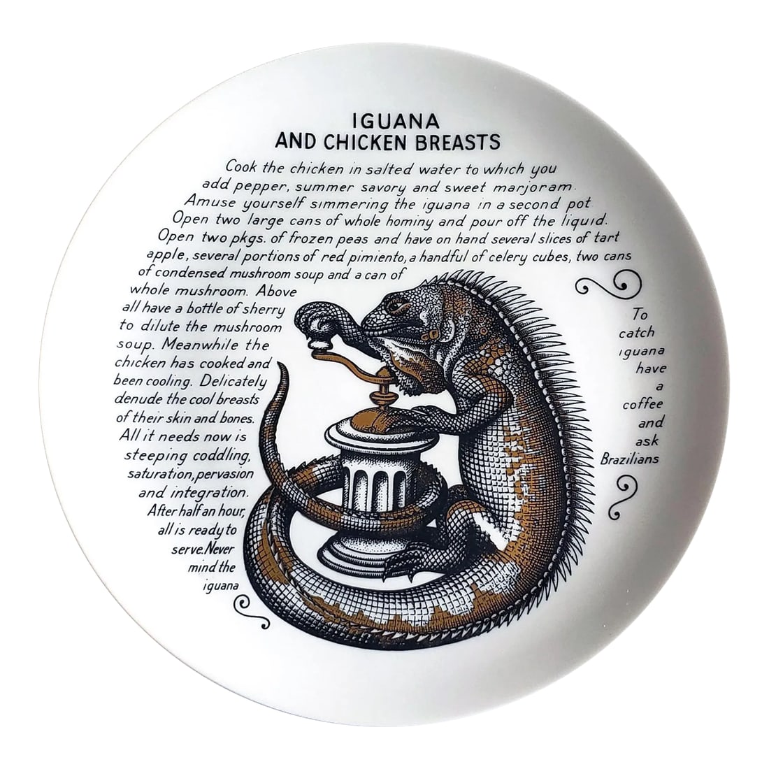 1960s Piero Fornasetti Fleming Joffe Porcelain Recipe Plate- Iguana and Chicken Breasts: An Exotic Dish: Fornasetti's "Iguana and Chicken Breasts" Plate, Piero Fornasetti and the Recipe for the Absurd. This magnificent porcelain plate, featuring the wickedly witty recipe "Iguana and