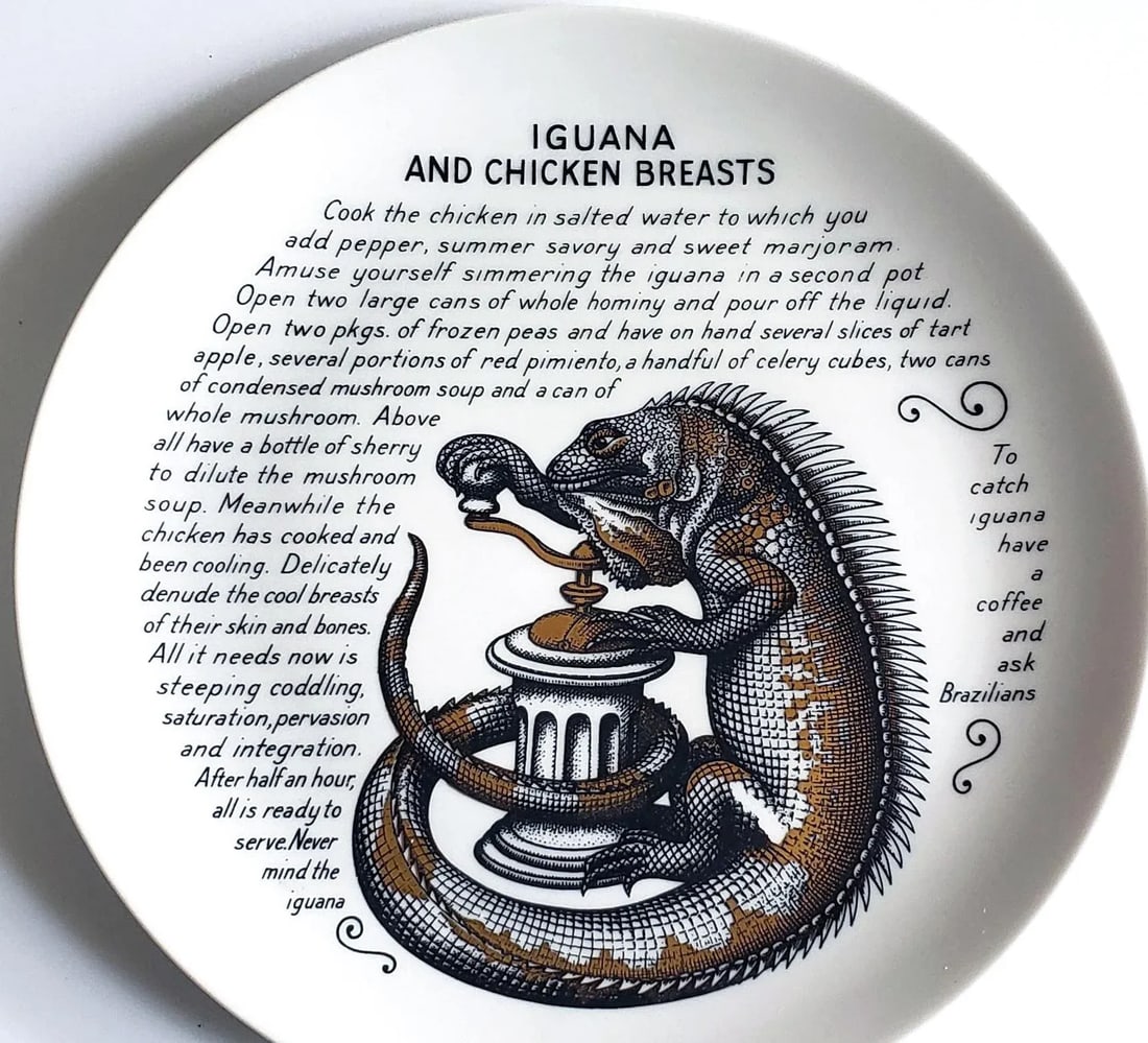 1960s Piero Fornasetti Fleming Joffe Porcelain Recipe Plate- Iguana and Chicken Breasts - 4