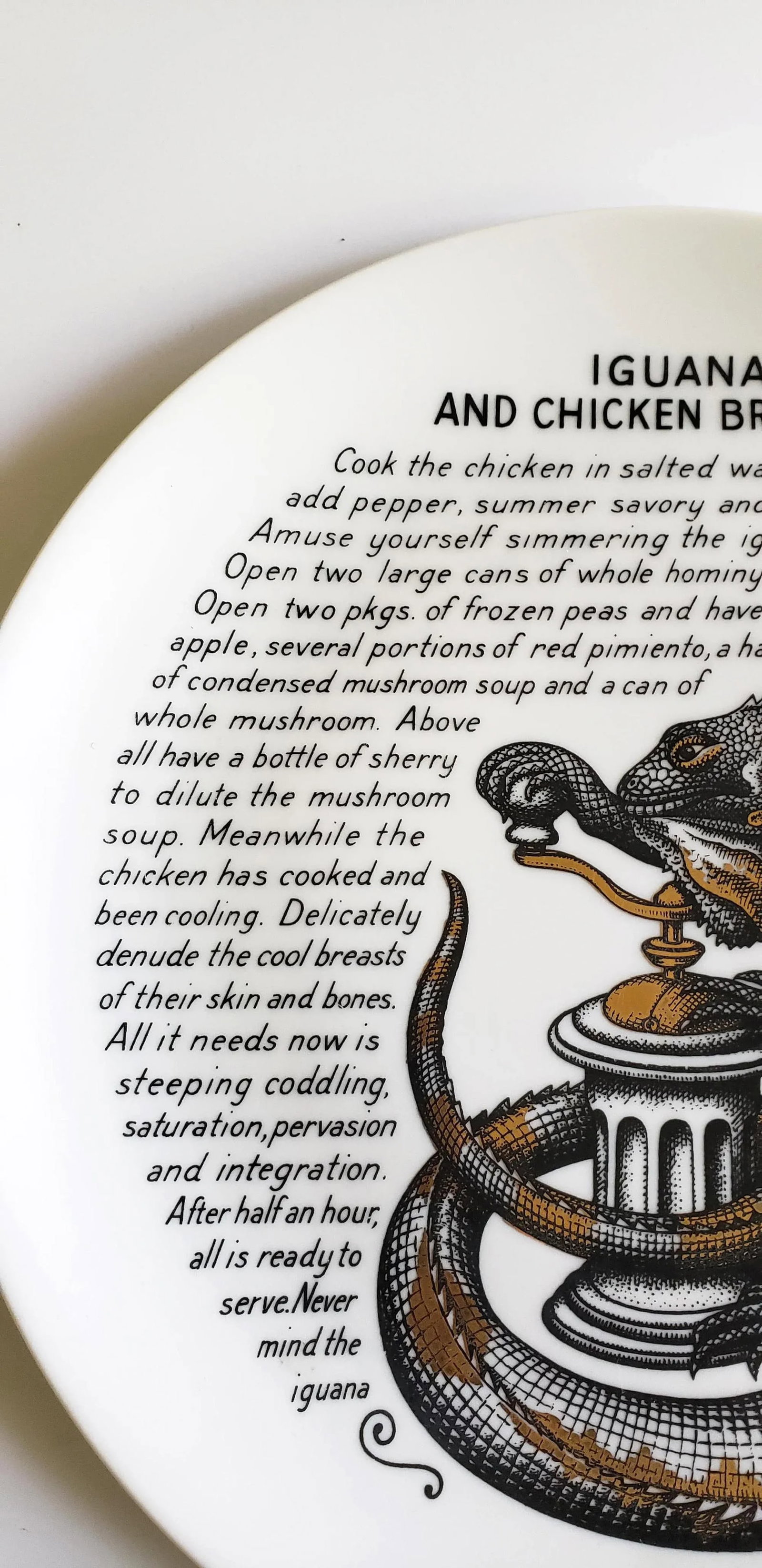 1960s Piero Fornasetti Fleming Joffe Porcelain Recipe Plate- Iguana and Chicken Breasts - 7