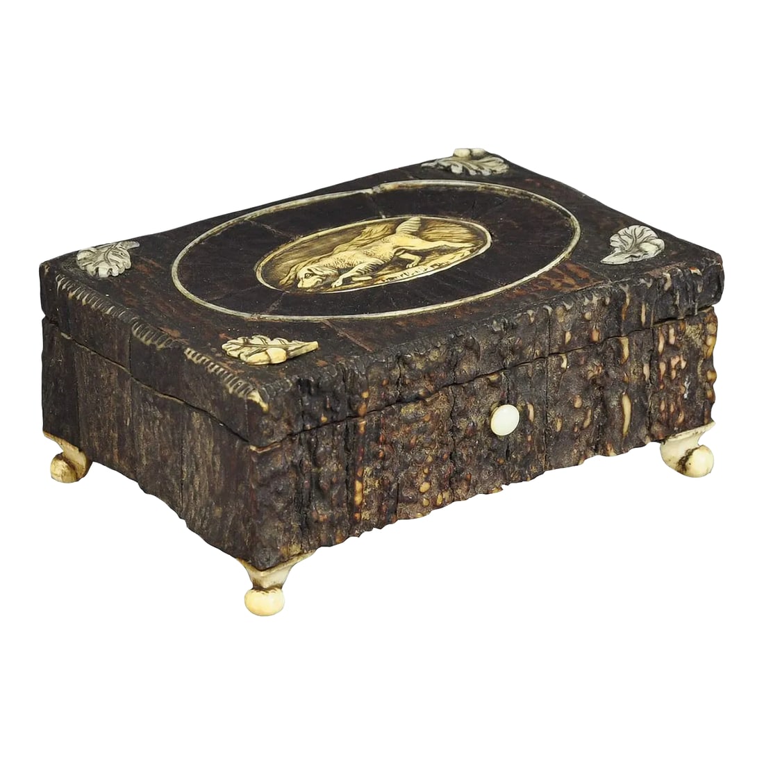 1860s Victorian Miniature Black Forest Antler Casket: Victorian Miniature Black Forest Antler Casket 1860 A marvelous antique rustic casket. It is made of wood, veneered with antler horn pieces. On top a horn plaque with staghound carving. The feet are