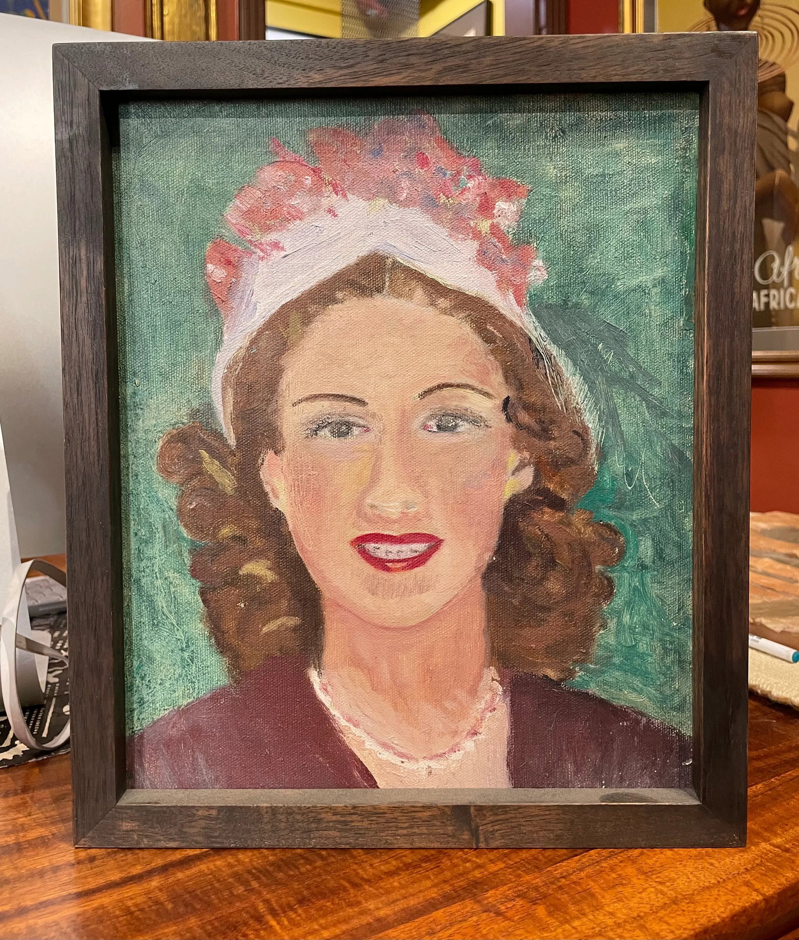 Circa 1940s French Portrait Oil Painting of a Woman Wearing a Hat with Roses, Framed - 2