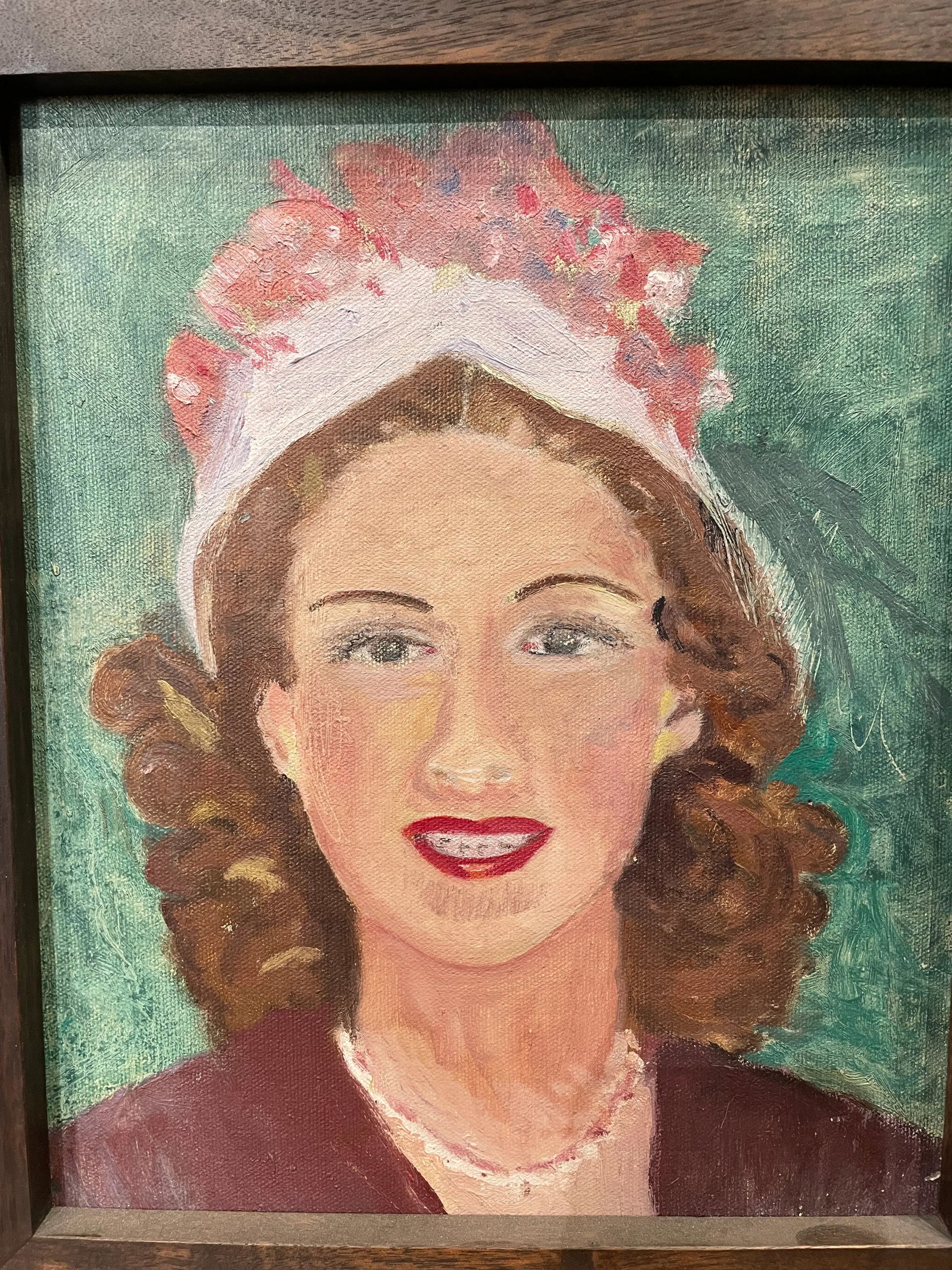 Circa 1940s French Portrait Oil Painting of a Woman Wearing a Hat with Roses, Framed - 3