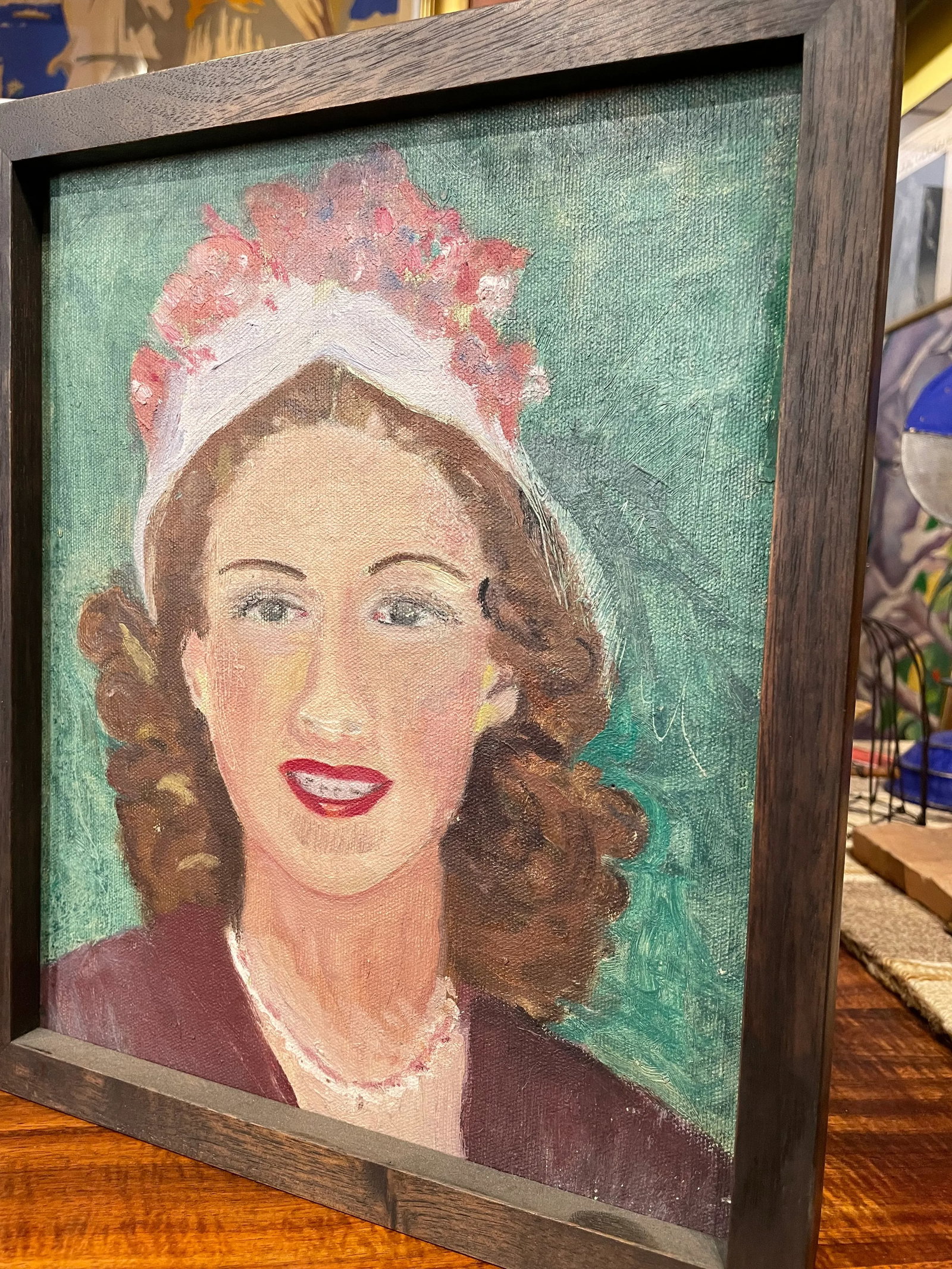 Circa 1940s French Portrait Oil Painting of a Woman Wearing a Hat with Roses, Framed - 4