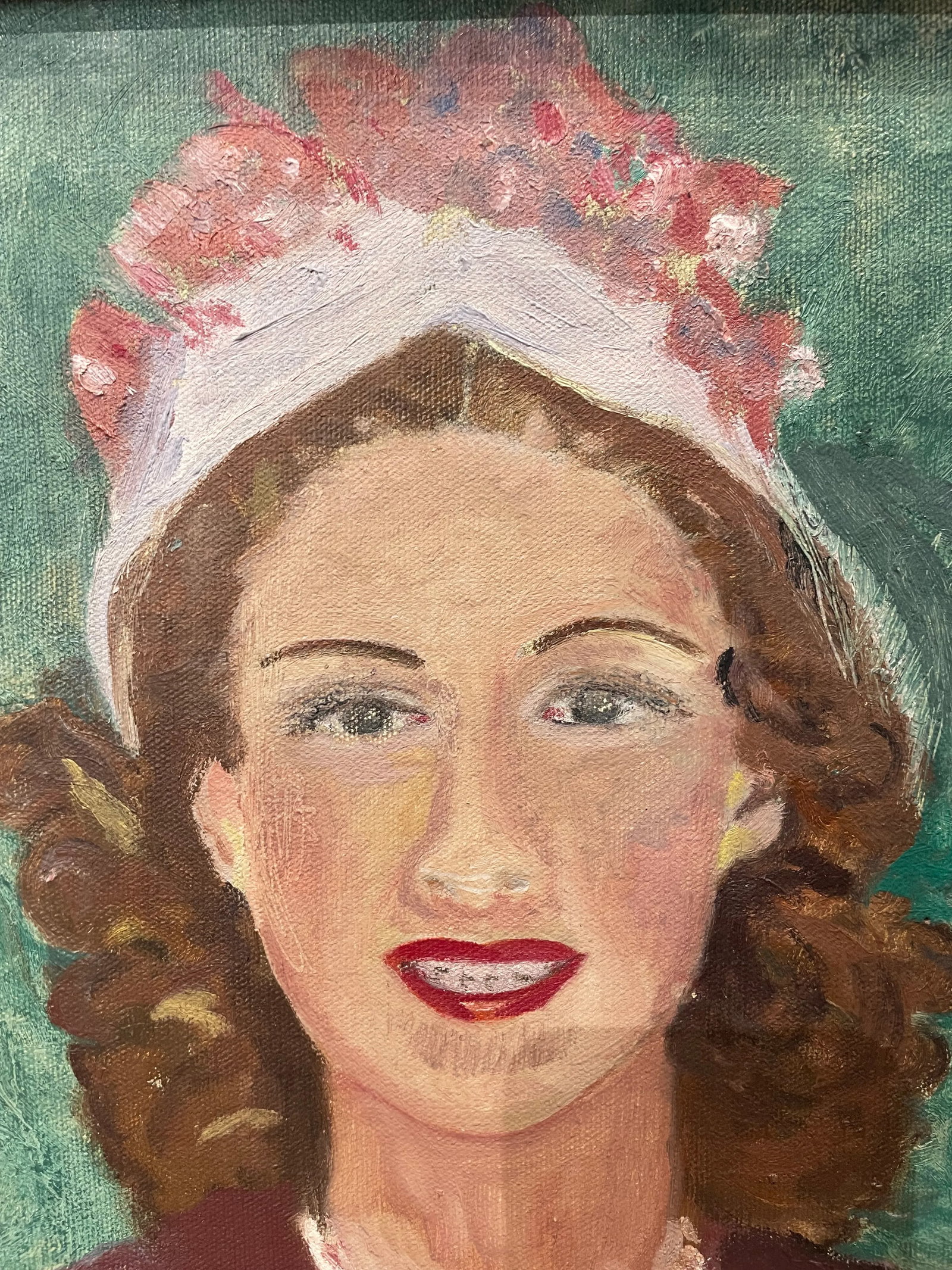 Circa 1940s French Portrait Oil Painting of a Woman Wearing a Hat with Roses, Framed - 5