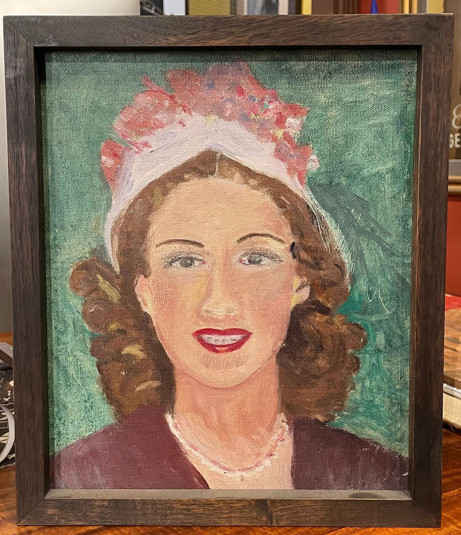 Circa 1940s French Portrait Oil Painting of a Woman Wearing a Hat with Roses, Framed - 6