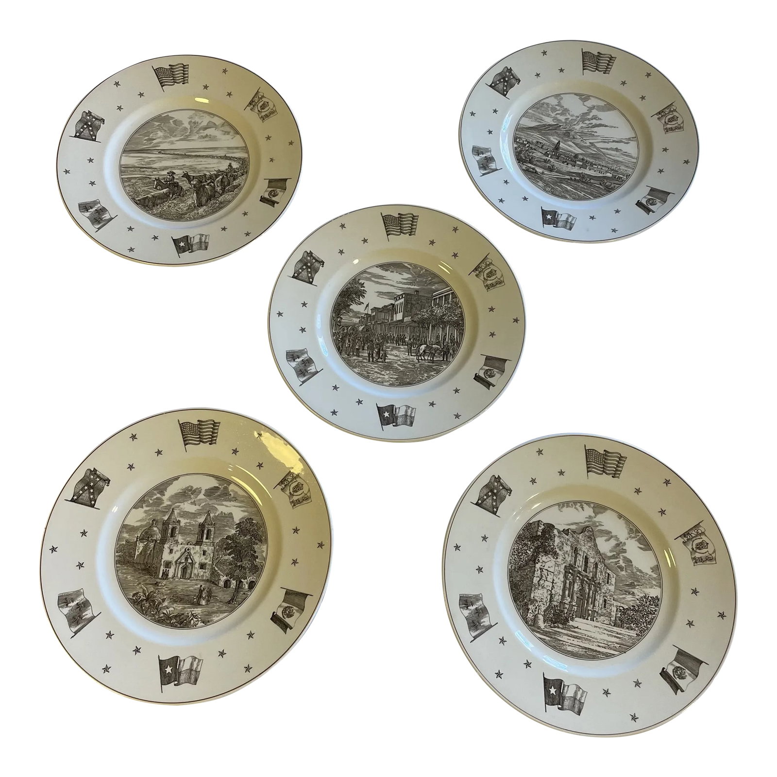 1960s Josiah Wedgewood and Sons for Neiman Marcus Views of Old Texas Salad/Dessert Plates- Set of 5: A limited-edition set of 5 salad or dessert plates designed by Josiah Wedgewood and Sons, Ltd. for Neiman Marcus that depict scenes from Od Texas: The Alamo, On the Cattle Trails, Old Brownsville,