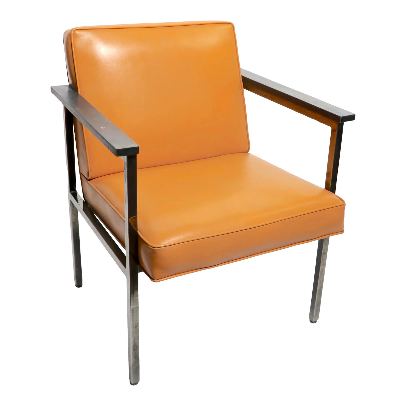 Mid Century Paddle Arm Chair After Nelson: High quality period steel frame arm chair in the style of the iconic Nelson for Herman Miller Paddle arm chair. This example features a heavy steel frame, with seamless weld construction, original