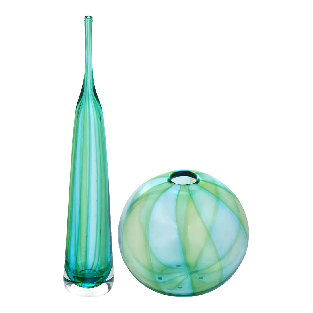 Hand-Blown Murano Glass Pair: Hand-blown Murano glass pair of vases. This dynamic Murano vessel pair combines swirling shades of aqua and green glass. We love the shapes and beautiful, unique details. The measurements listed are f