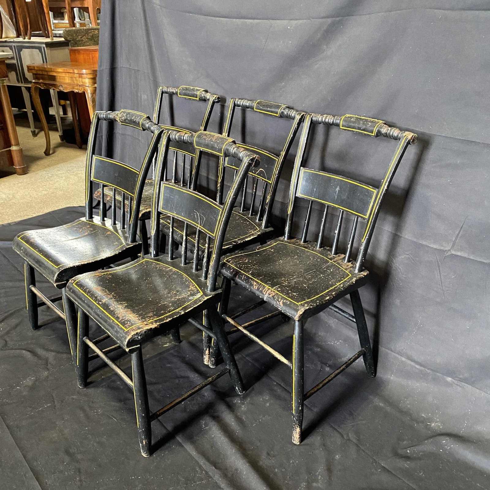 19th Century Plank Seated Dining Chairs With Original Black Paint -Set of 5 - 3
