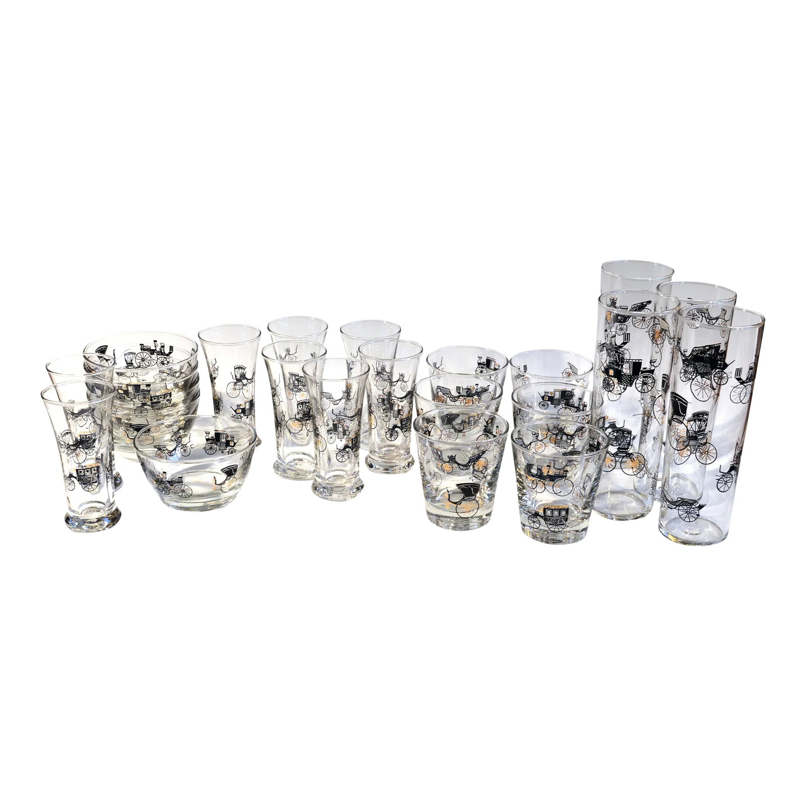 Vintage Libbey Bar Glasses, (23 Pieces) Curio Line Designed by Freda Diamond: Vintage Libbey Bar Glasses, (23 pieces) Curio Line Designed by Freda Diamond, The early 1950s. The charming set of twenty-three pieces of barware each depicts different horse carriages in black with w