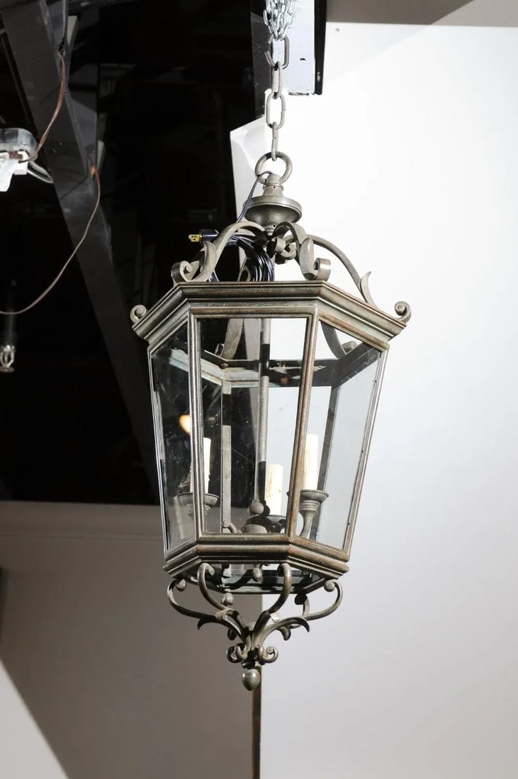 Spanish 1910s Bronze and Glass Hexagonal Lantern with Three Lights and Volutes - 10