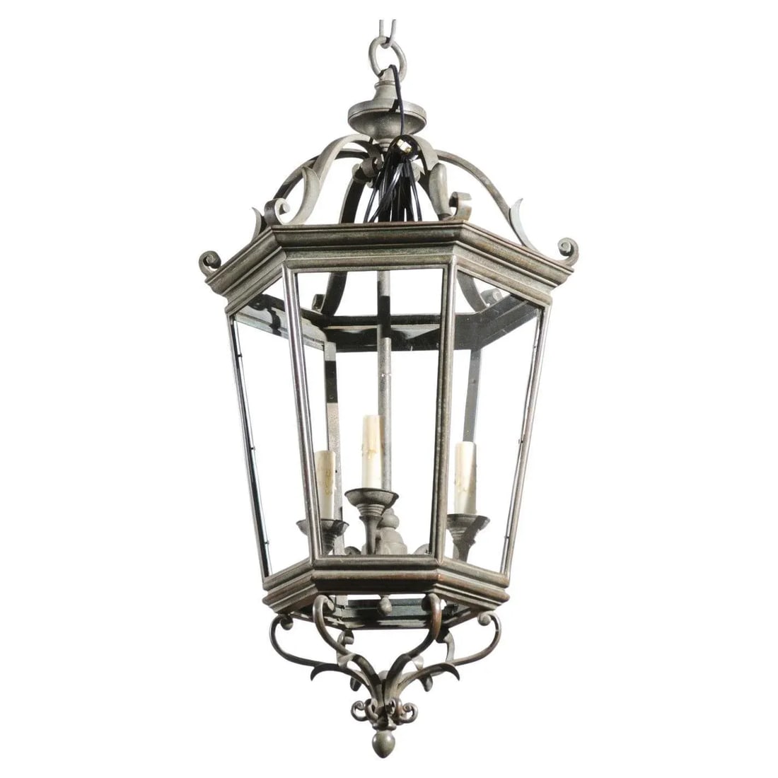 Spanish 1910s Bronze and Glass Hexagonal Lantern with Three Lights and Volutes - 11