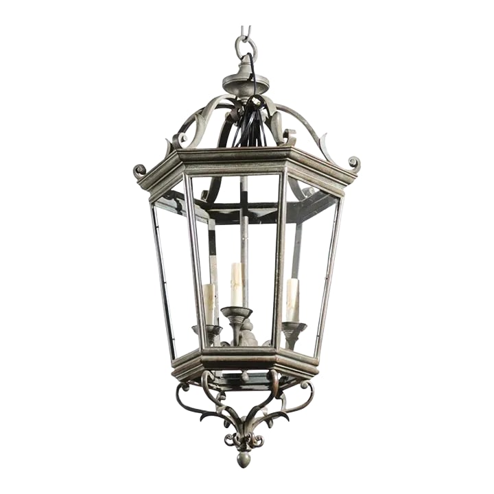 Spanish 1910s Bronze and Glass Hexagonal Lantern with Three Lights and Volutes: A Spanish hexagonal bronze lantern from the early 20th century, similar to the style of the Plaza de EspaÃ±a built for the great exhibition of 1929. Created in Spain during the early years