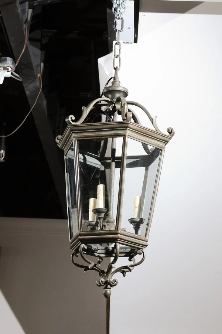 Spanish 1910s Bronze and Glass Hexagonal Lantern with Three Lights and Volutes - 2