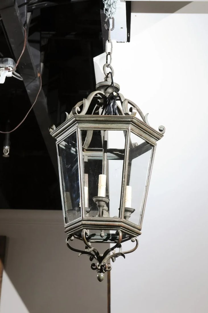 Spanish 1910s Bronze and Glass Hexagonal Lantern with Three Lights and Volutes - 3