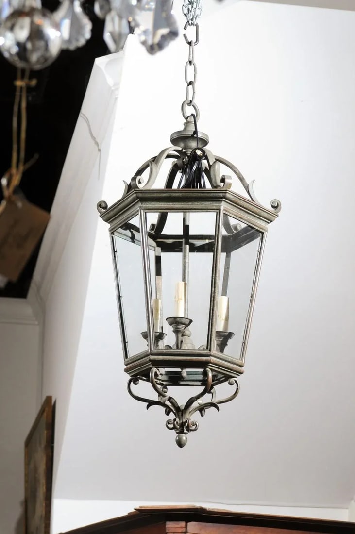 Spanish 1910s Bronze and Glass Hexagonal Lantern with Three Lights and Volutes - 4