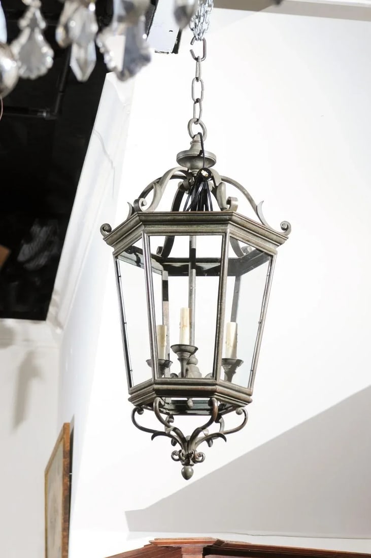 Spanish 1910s Bronze and Glass Hexagonal Lantern with Three Lights and Volutes - 5