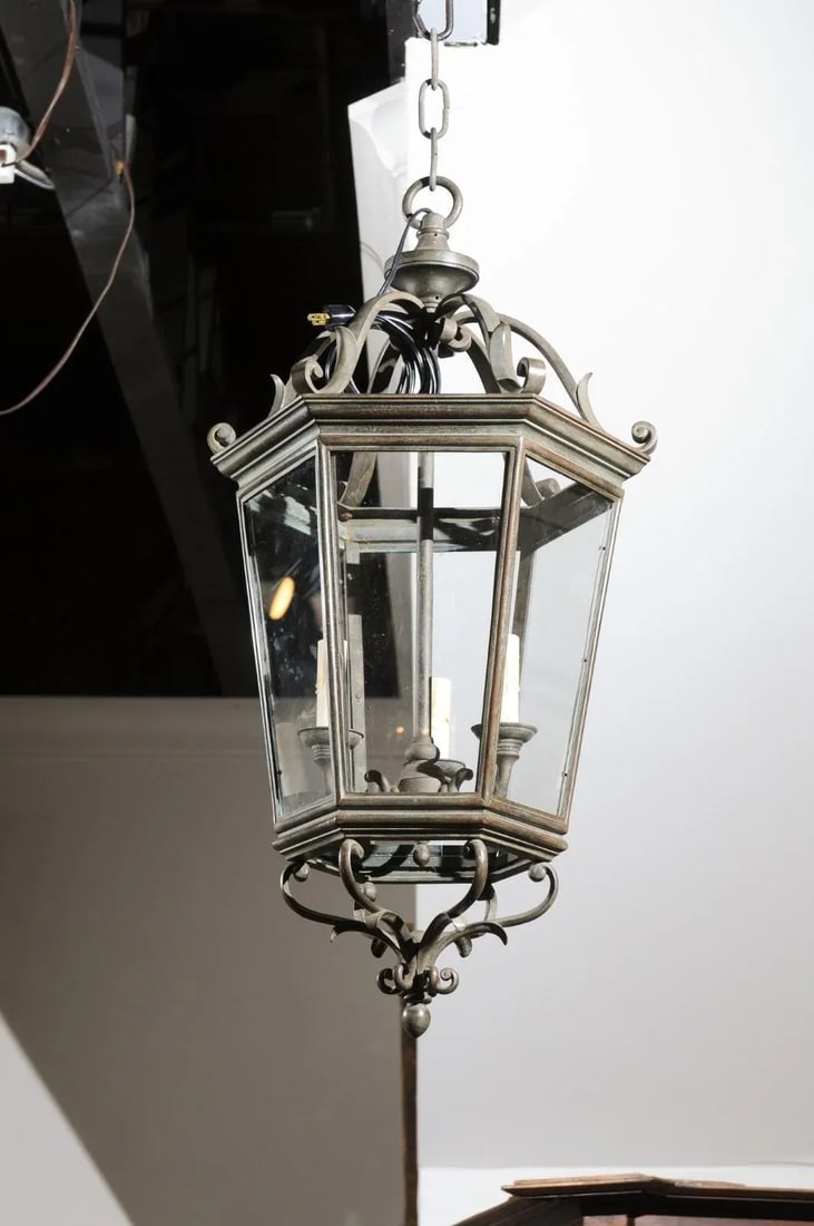 Spanish 1910s Bronze and Glass Hexagonal Lantern with Three Lights and Volutes - 6