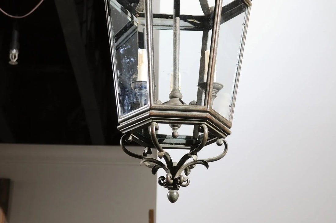 Spanish 1910s Bronze and Glass Hexagonal Lantern with Three Lights and Volutes - 7