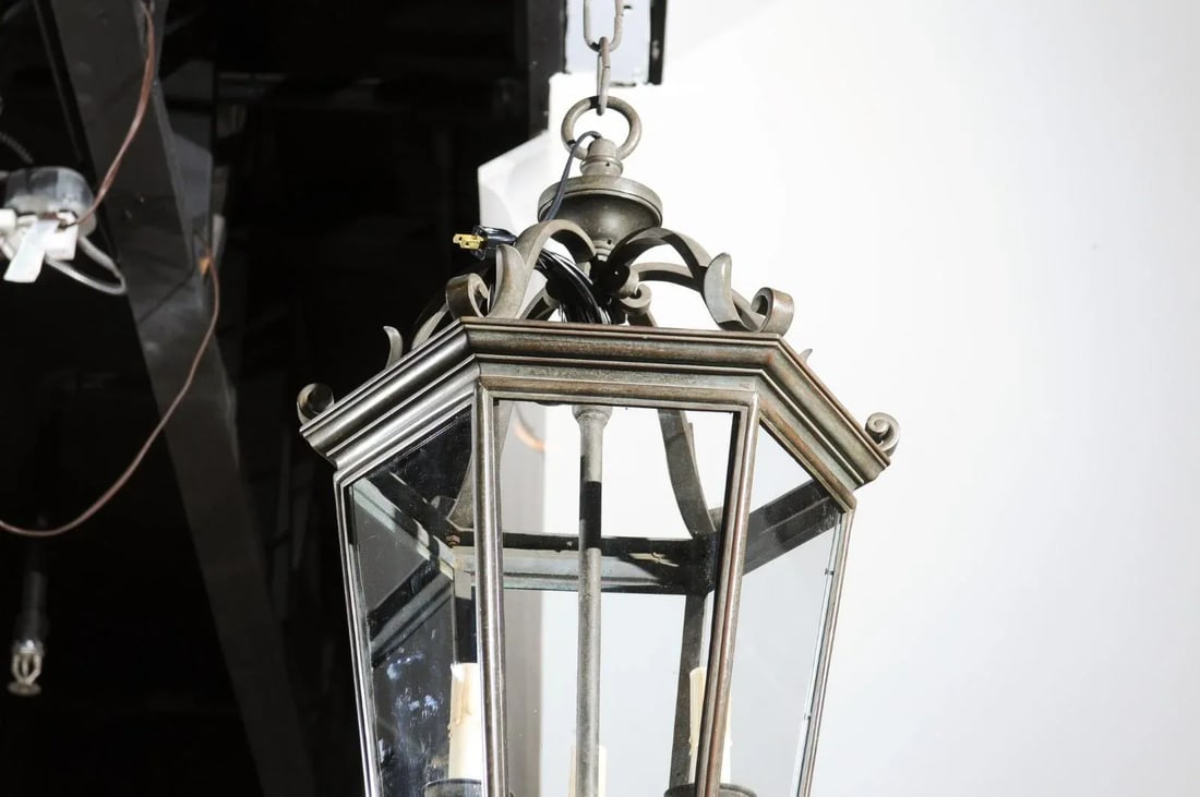 Spanish 1910s Bronze and Glass Hexagonal Lantern with Three Lights and Volutes - 8