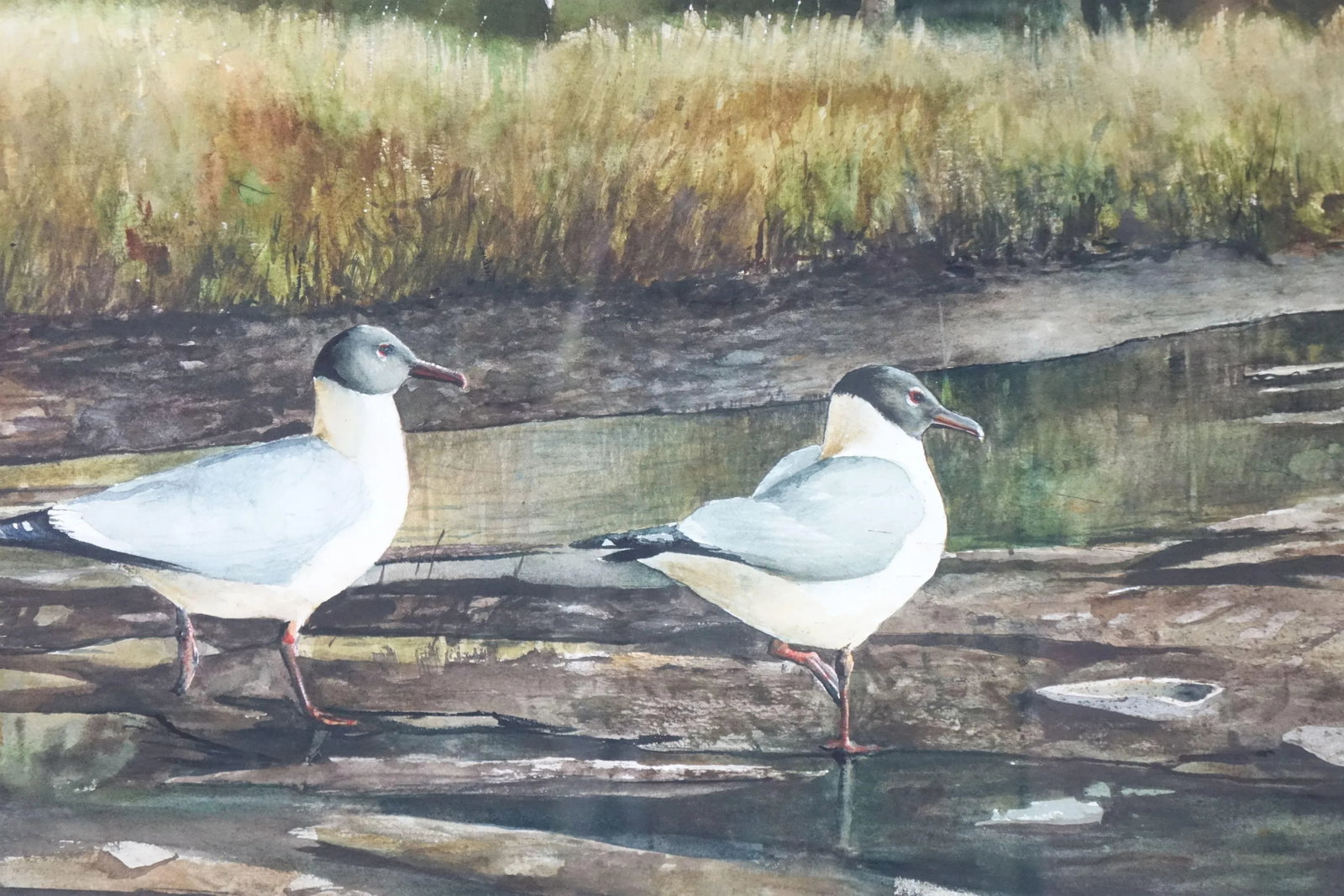 Two in the Tides - Late 19th Century Landscape Painting With Birds, Original Watercolor on Paper, - 2