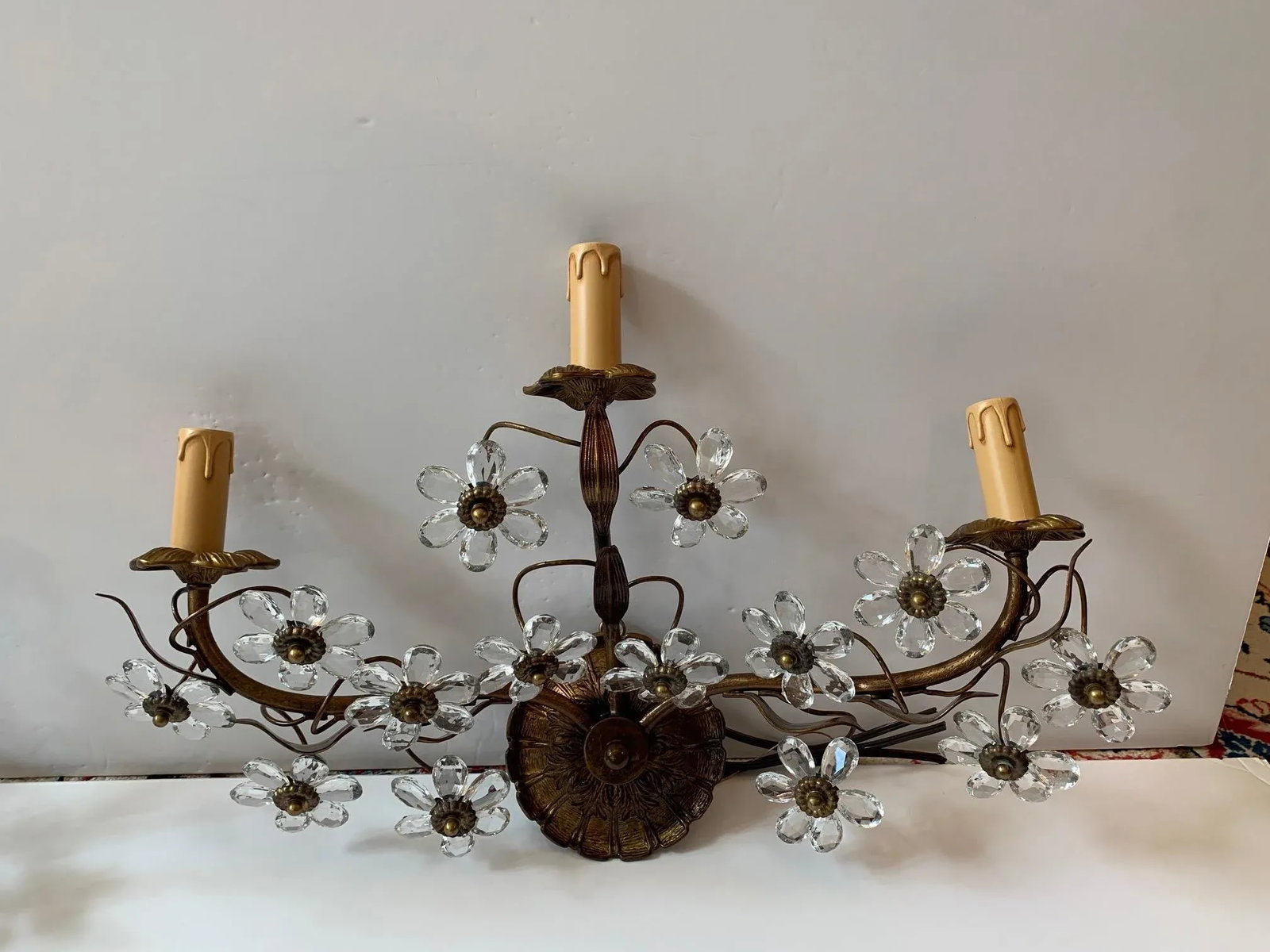Italian 3 Arm Sconces Encrusted With Crystal Flowers -A Pair - 2