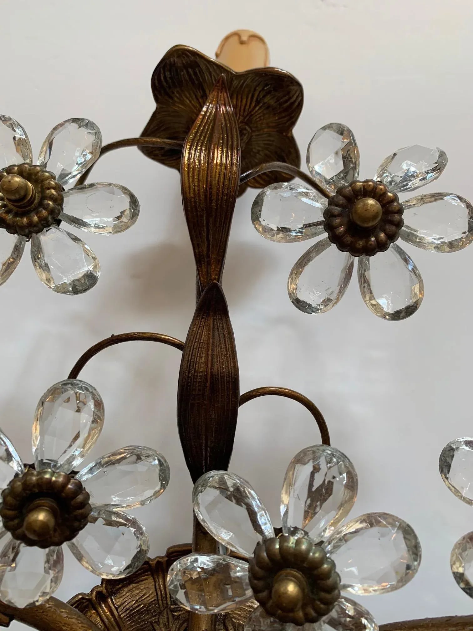 Italian 3 Arm Sconces Encrusted With Crystal Flowers -A Pair - 3