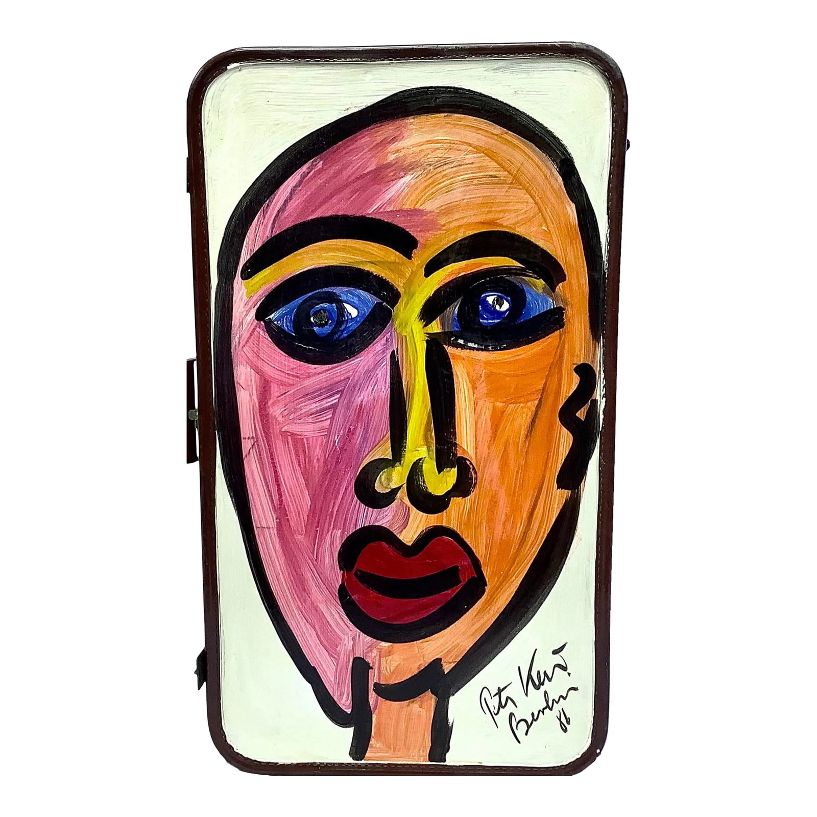 Peter Keil Travel Suitcase Painting: Peter Keil Neo-expressionist, original painting on a travel suitcase. Signed and dated 1986 Berlin on bottom. Very good condition with mild storage wear. Dimensions: 29"H x 16"W x 9"D Condition: