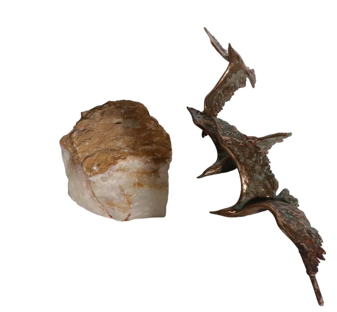 Bronze and Stone Three Birds in Flight Sculpture by Curtis Jere for Artisan House C. 1960's - 2