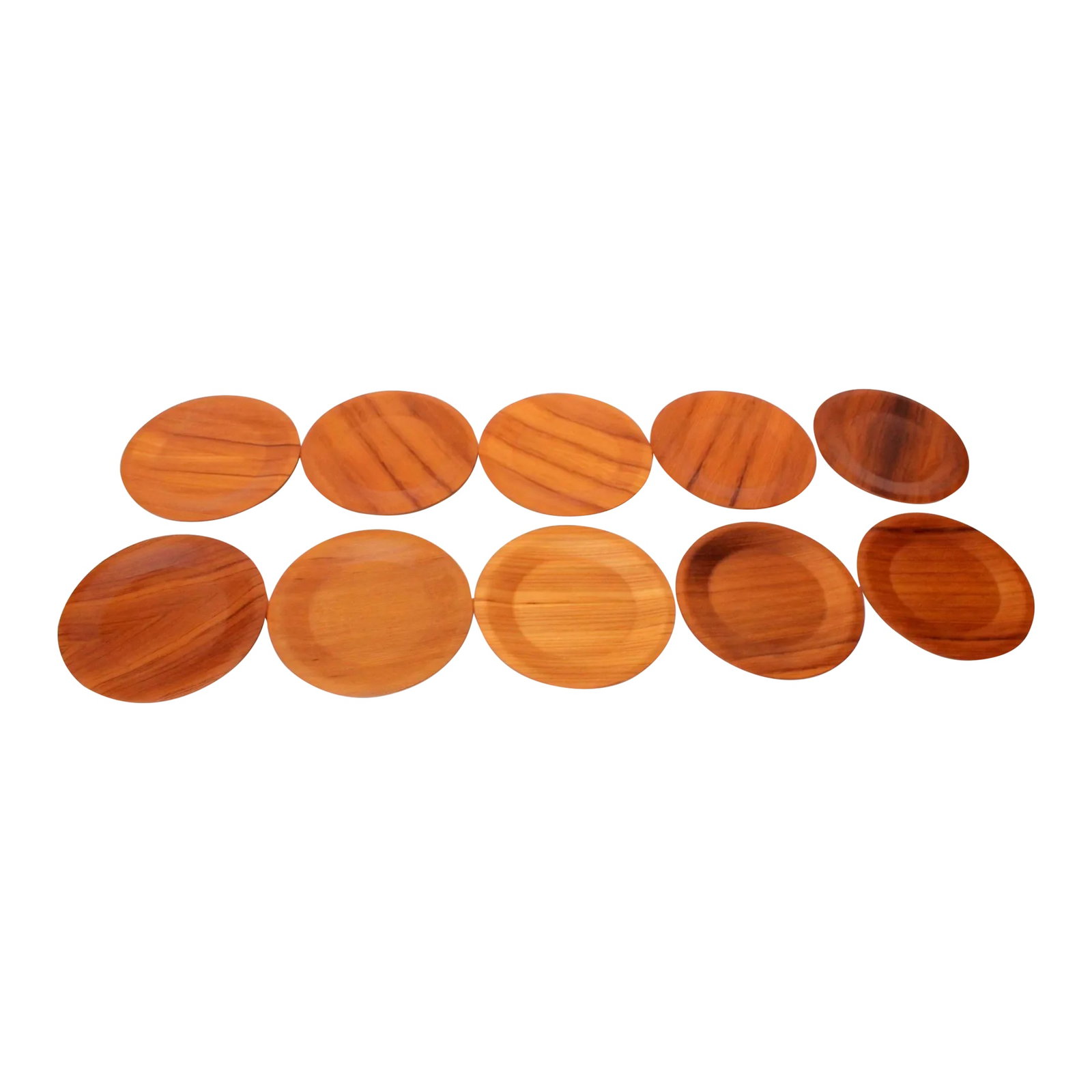 1960s Set of 10 Danish Modern Teak Dinner Plates by Langva: Beautiful and complete set of ten teak plates manufactured in the 1960s by Langva of Denmark. Slight variations in tone and wood grain along with surface scuffs to some plates, as shown. Eight of the