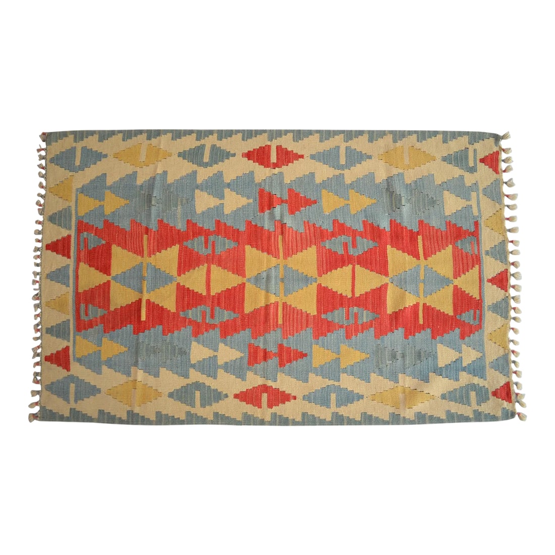 1980s Handmade Rug Colorful Kilim Small Rug: Dimensions: 40" x 65" or 3'5" x 5'5" Excluding fringe Material: wool on wool Condition: 3x5 ft Rug Turkish OUSHAK RUG is in very good condition. Vintage flat weave kilim rug is washed and