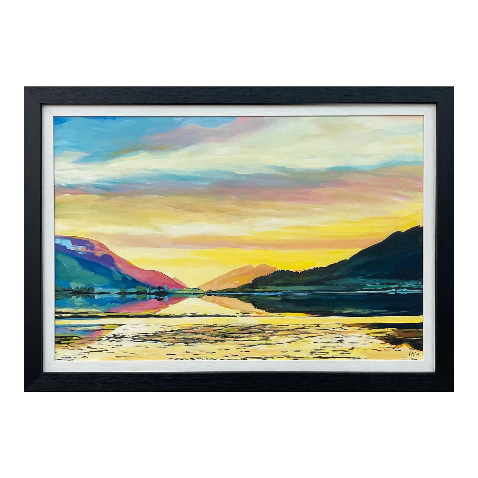 Colourful Landscape Painting of the Scottish Highlands - Unique Original Art by Contemporary Artist,: Colourful Landscape Painting of Loch Leven, Glen Coe in the Scottish Highlands by Leading Contemporary British Artist, Angela Wakefield Art measures 30 x 20 inches Frame measure 36 x 26 inches Angela