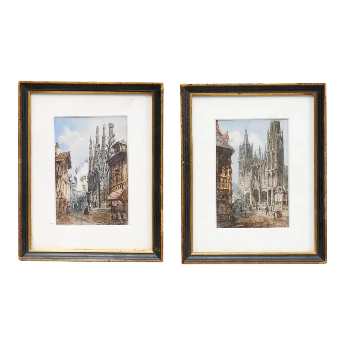 Framed Watercolors Depicting Gothic Churches by Théodore Henri Mansson - A Pair: A pair of French framed watercolors from the mid 19th century by Théodore Henri Mansson depicting Gothic churches in medieval settings. Created in France by talented and tireless traveler