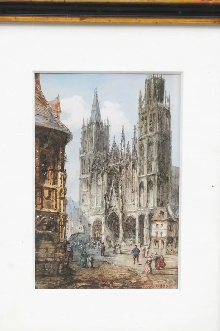 Framed Watercolors Depicting Gothic Churches by Théodore Henri Mansson - A Pair - 3