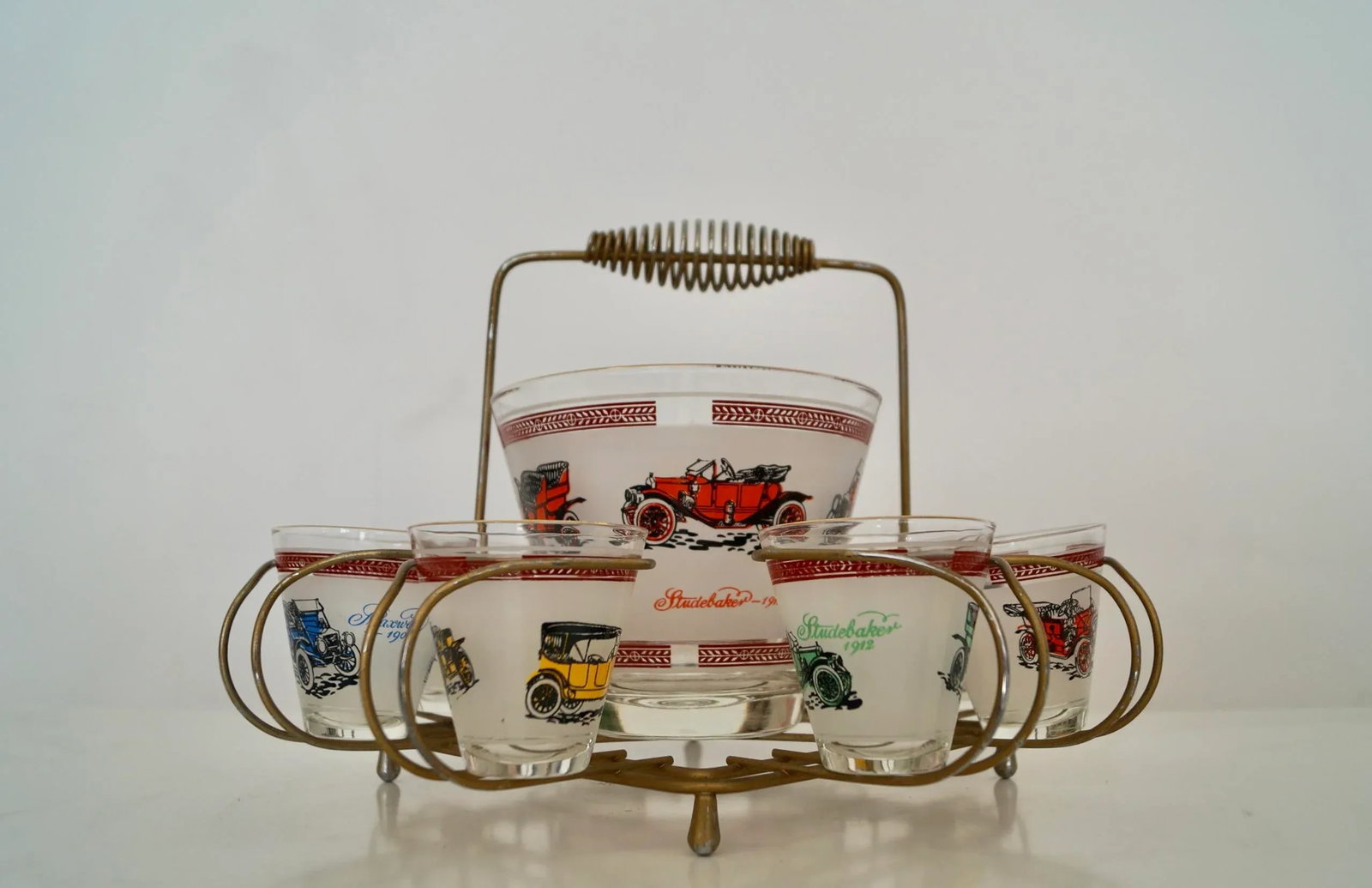1950's Mid-Century Modern Brass Antique Car Barware Caddy Set- 9 Pieces - 2
