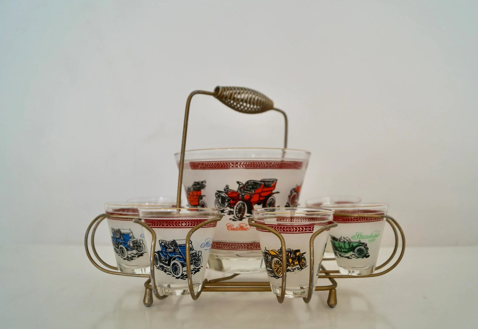 1950's Mid-Century Modern Brass Antique Car Barware Caddy Set- 9 Pieces - 3