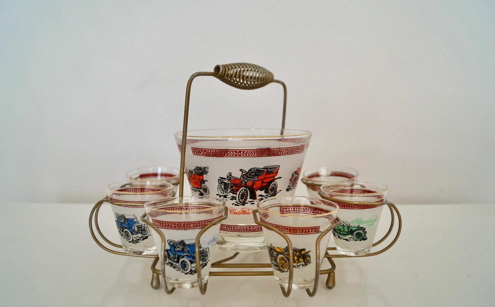 1950's Mid-Century Modern Brass Antique Car Barware Caddy Set- 9 Pieces - 4