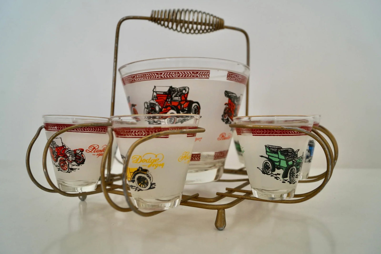 1950's Mid-Century Modern Brass Antique Car Barware Caddy Set- 9 Pieces - 5