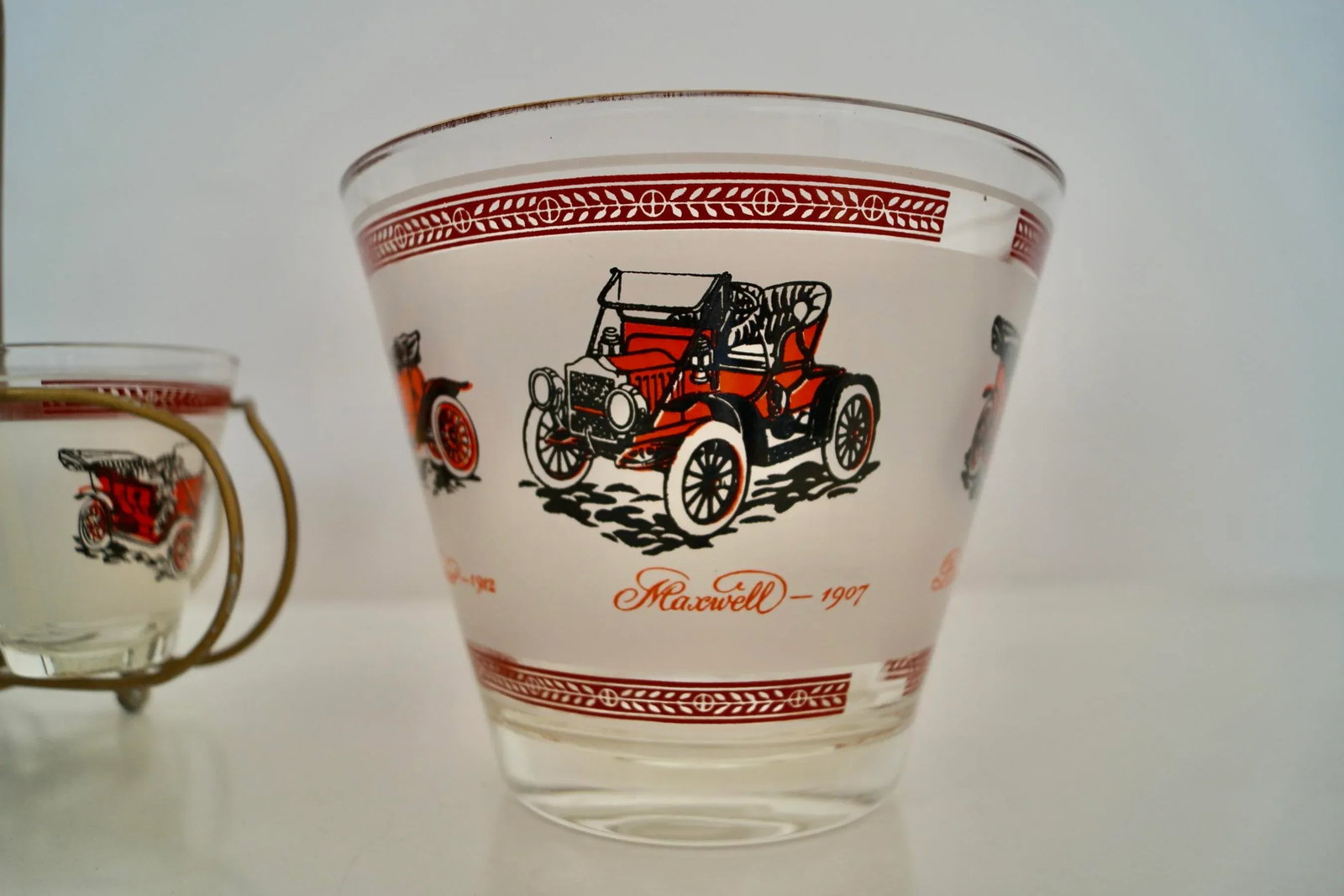 1950's Mid-Century Modern Brass Antique Car Barware Caddy Set- 9 Pieces - 9