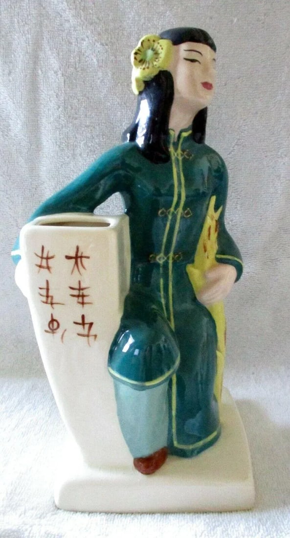 Weil Ware Pottery 1940's Made in California Pair of Asian Man & Woman Vases Planters - 10
