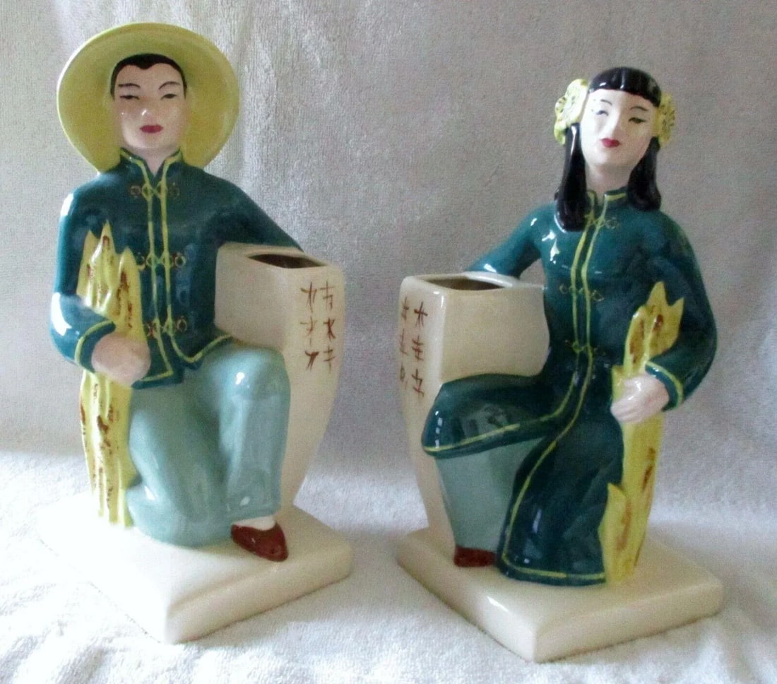 Weil Ware Pottery 1940's Made in California Pair of Asian Man & Woman Vases Planters - 13