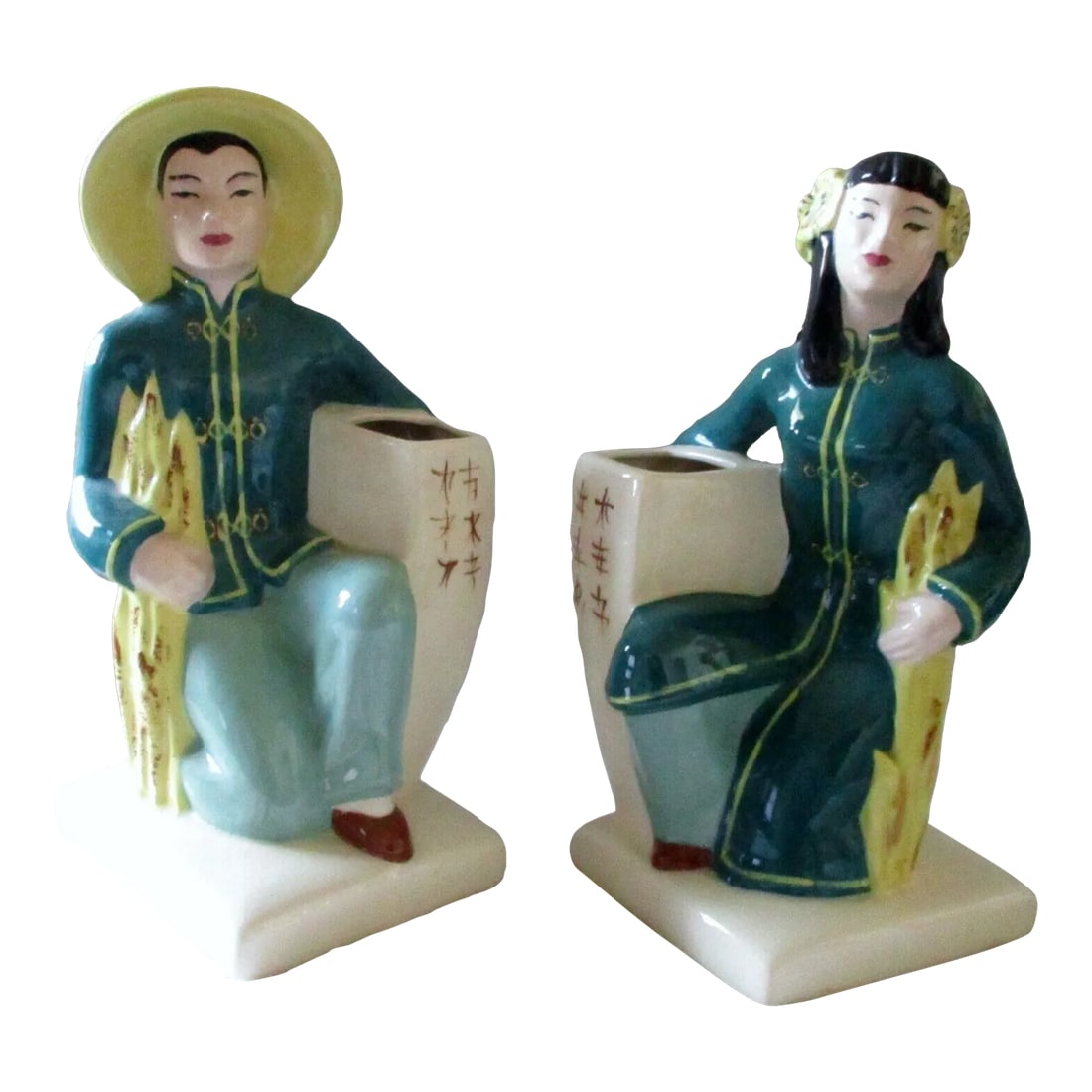 Weil Ware Pottery 1940's Made in California Pair of Asian Man & Woman Vases Planters: Weil Ware Pottery 1940's Made in California Pair of Asian Man & Woman Vases Time Period Manufactured: 1940-1949 Production Technique: Pottery Vintage: Yes Origin: California Material: Porcelain
