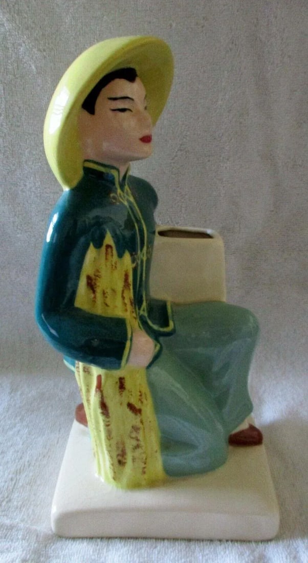Weil Ware Pottery 1940's Made in California Pair of Asian Man & Woman Vases Planters - 5