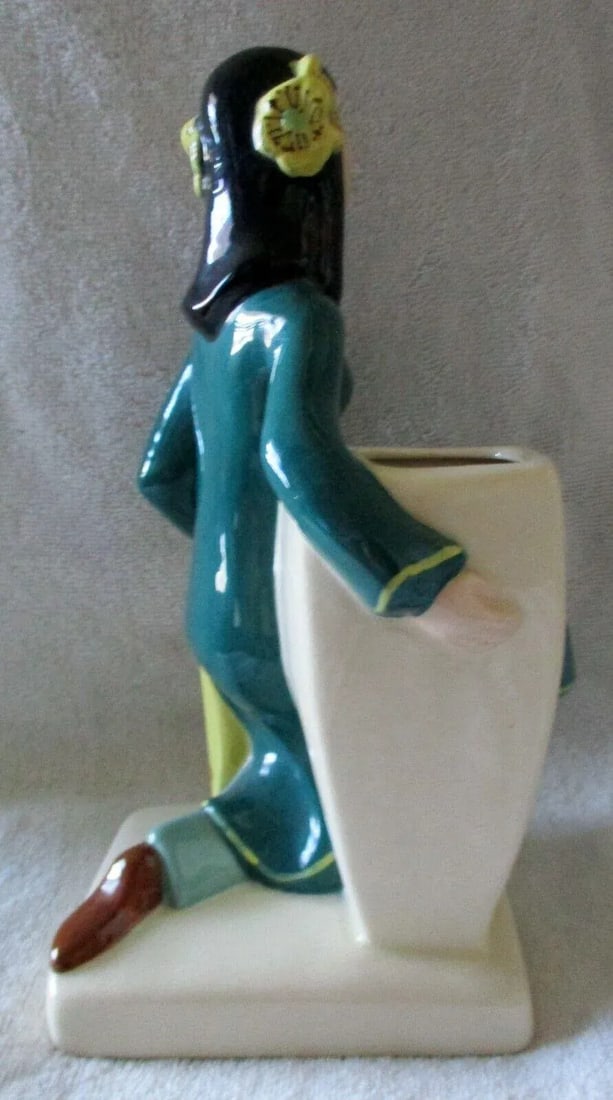Weil Ware Pottery 1940's Made in California Pair of Asian Man & Woman Vases Planters - 7