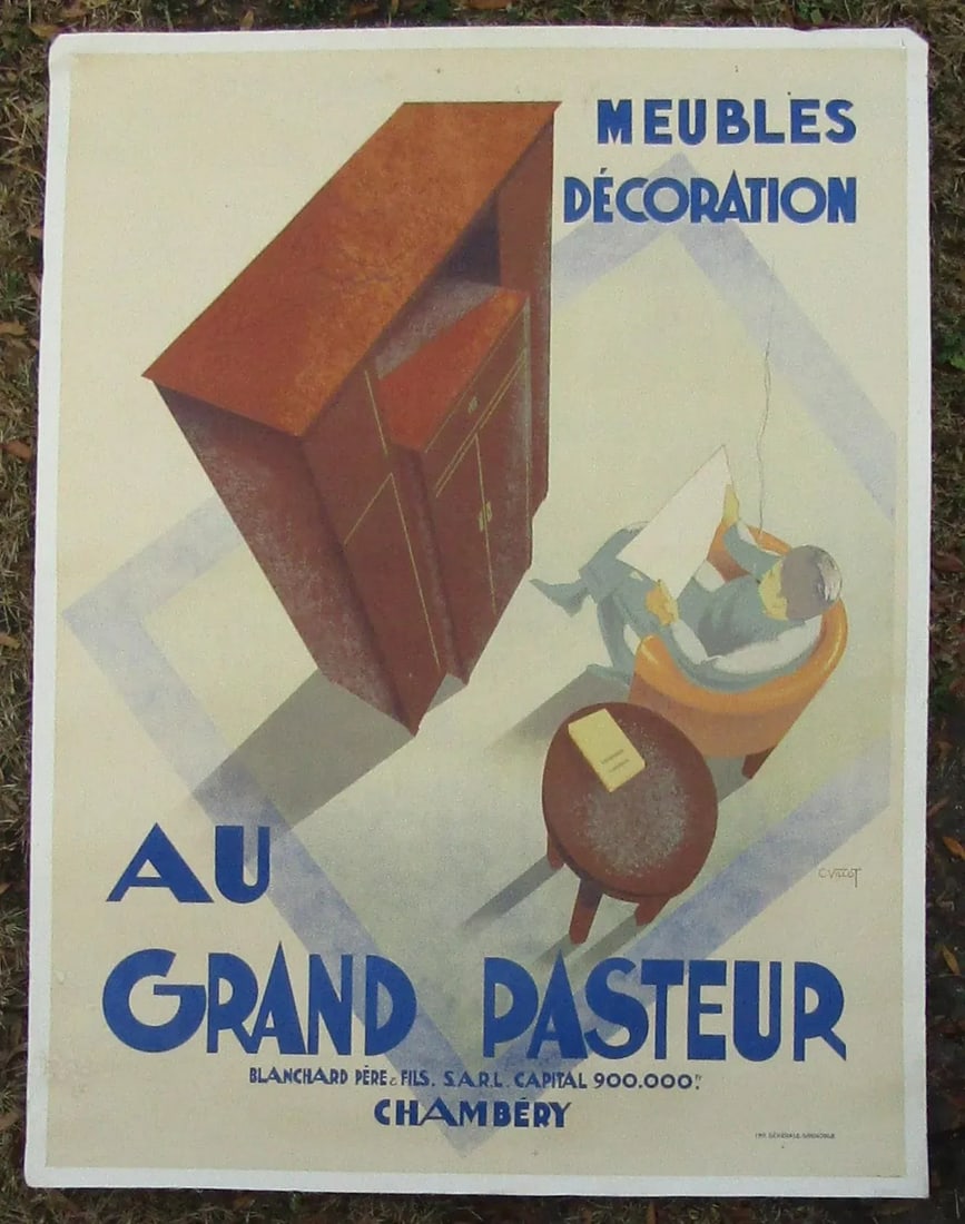 C. Villot "Au Grand Pasteur" French Art Deco Lithograph on Canvas Circa 1935 - 13