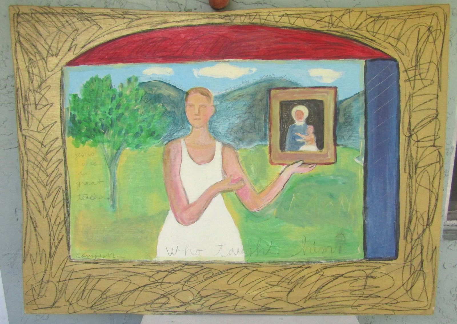 1980s Karin Campfens Folk Art Painting on Wood Woman Holding Portrait of Virgin Mary and Child - 12